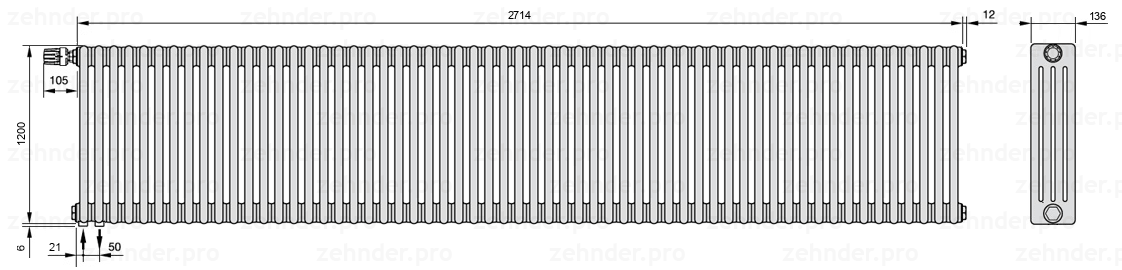 Схема (чертеж) Радиатор Zehnder Charleston 4120/59 №V001 Белый глянцевый RAL 9016